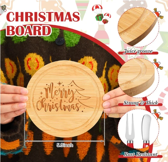 Wood Christmas Cheese Board With Knives Set